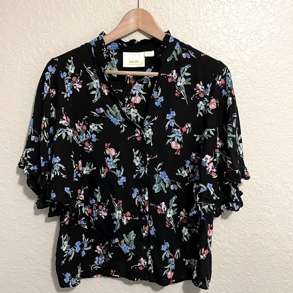 Maeve by Anthropologie Black Floral Button Up Flutter Dolman Sleeve Top Size S - Picture 3 of 8